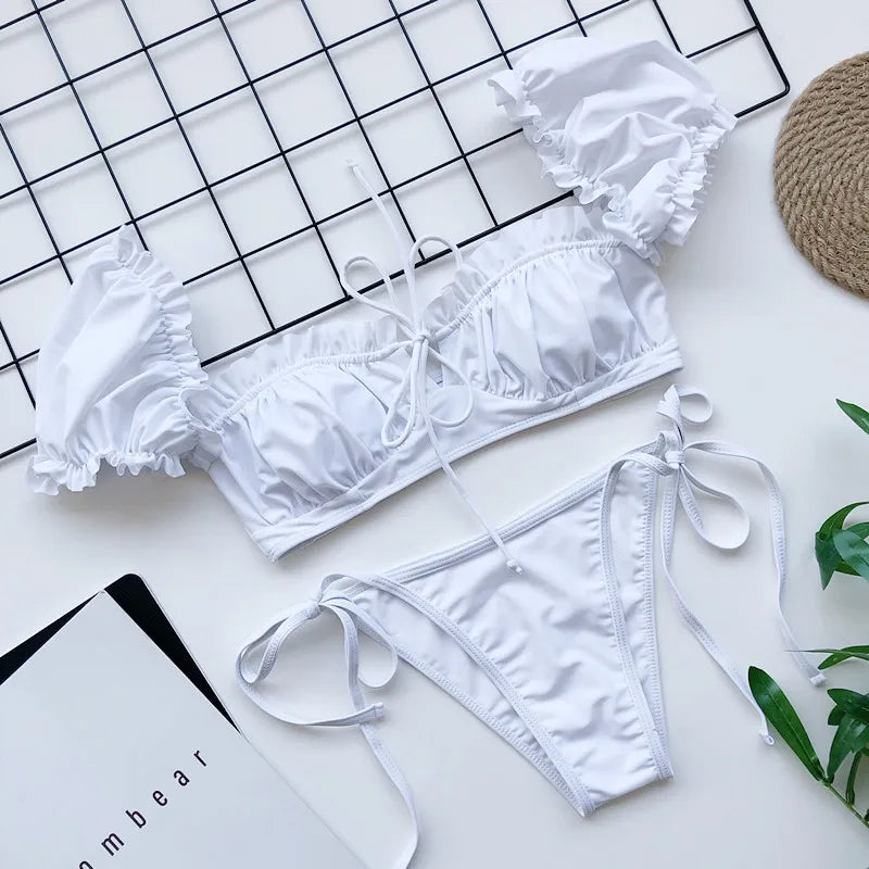 Sexy Ruffle Bikinis 2024 Women Short Sleeve Solid Swimwear Push Up Swimsuit High Cut String Bathing Suit Bandage Thong Beachwear