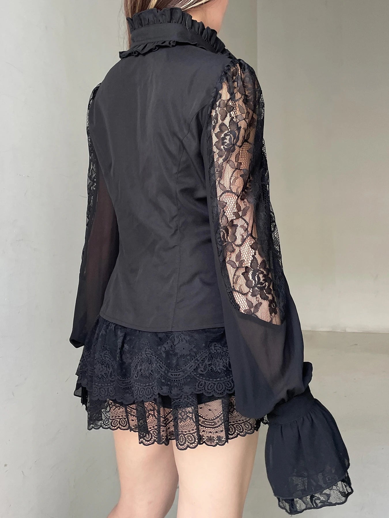 IAMSURE Vintage Dark Patchwork Lace Blouse Gothic See Through Turtleneck Long Sleeve Shirts Women 2025 Spring Autumn Streetwear