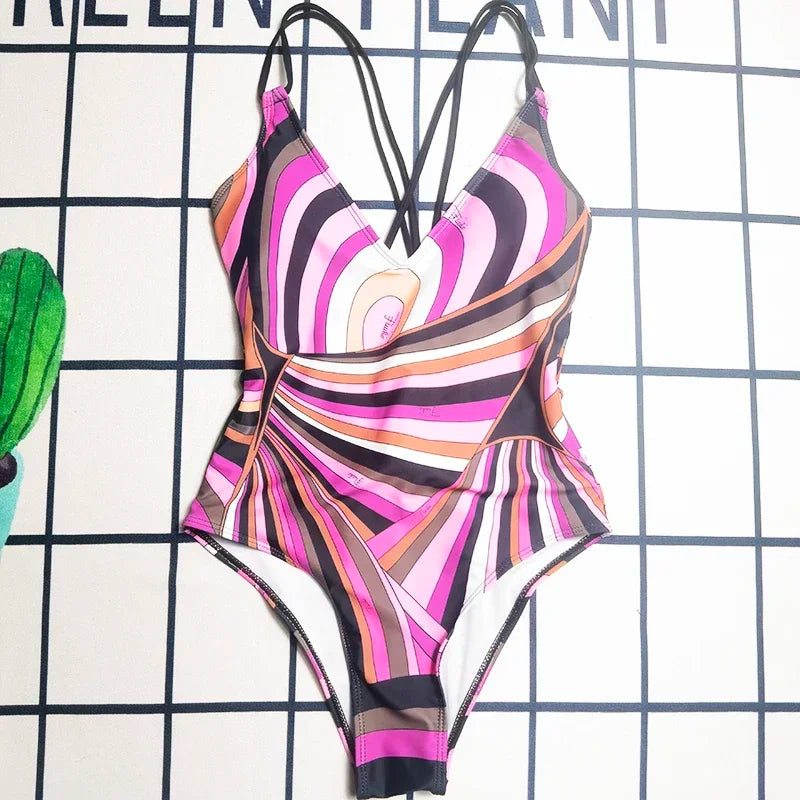 European Luxury Design Women's One-piece Swimsuits Striped Letter Print Swimwear Fashion Brand Women's Sexy Beach Bikini Sets