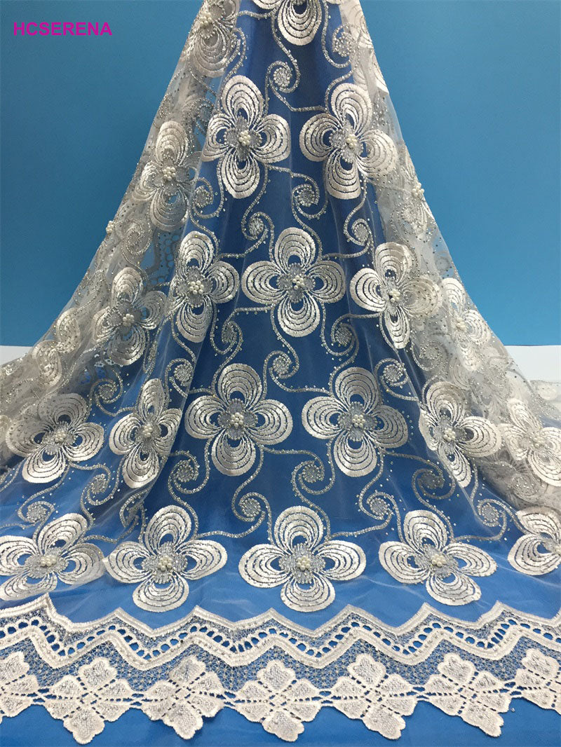 African Nigerian Tulle Lace Fabric  Sewing Guipure Beads Stone Embroidery Dresses High Quality 2025 5Yards