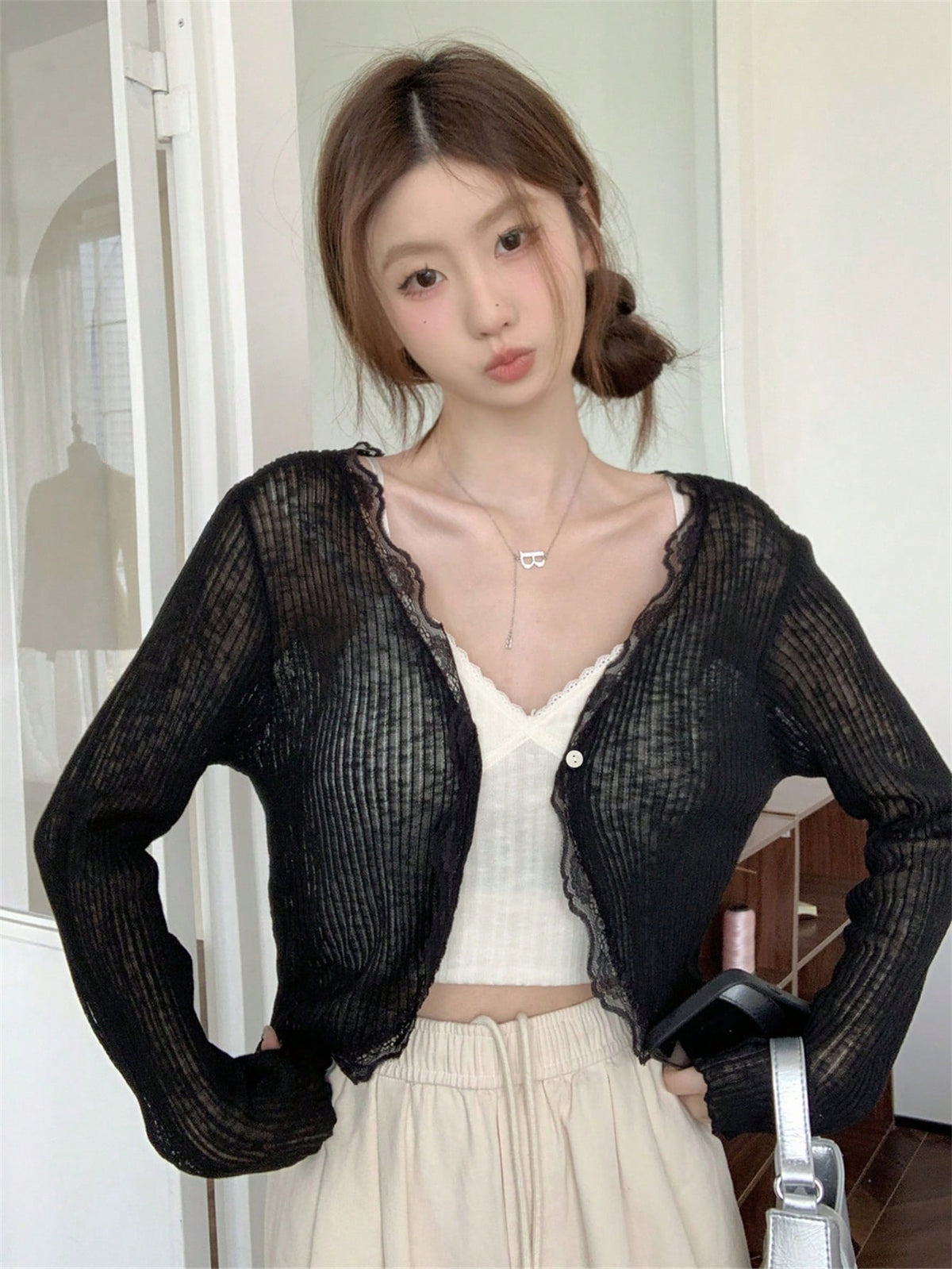 Women's Blue Lace Trim V-Neck Cover Up, Cute Back To School Summer Shawl Lightweight Outerwear