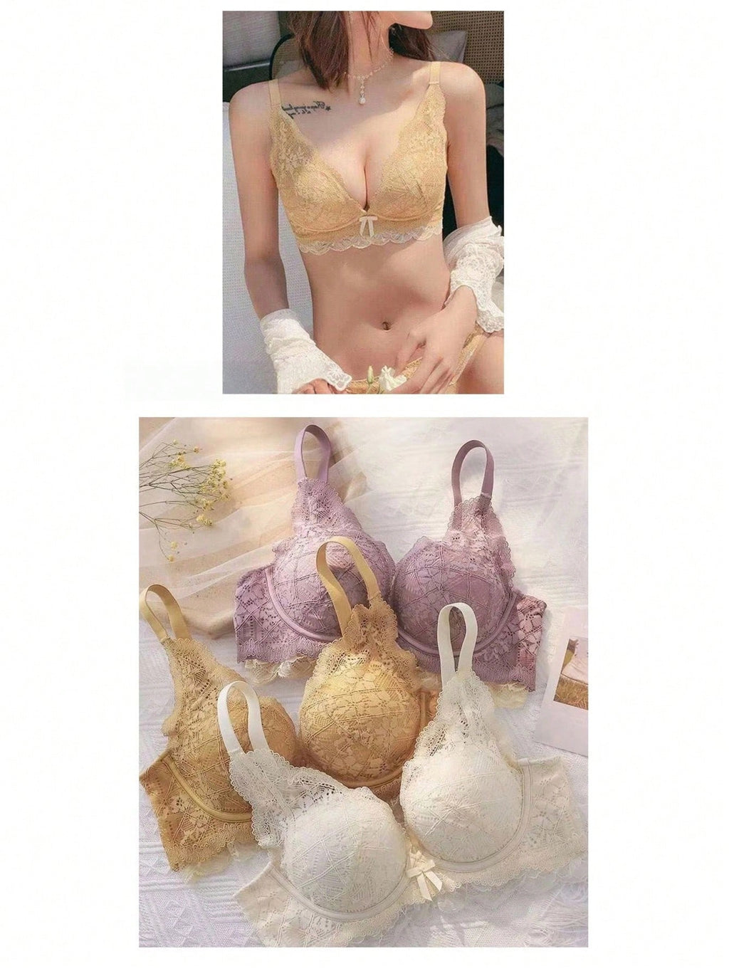 ソフトでノンワイヤーのブラ＆パンティセット。高い脇支えでしっかりホールド＆谷間。バストと背中を美しく。フルレースデザインがバストを引き立て、より豊かで谷間を強調。完璧なランジェリー