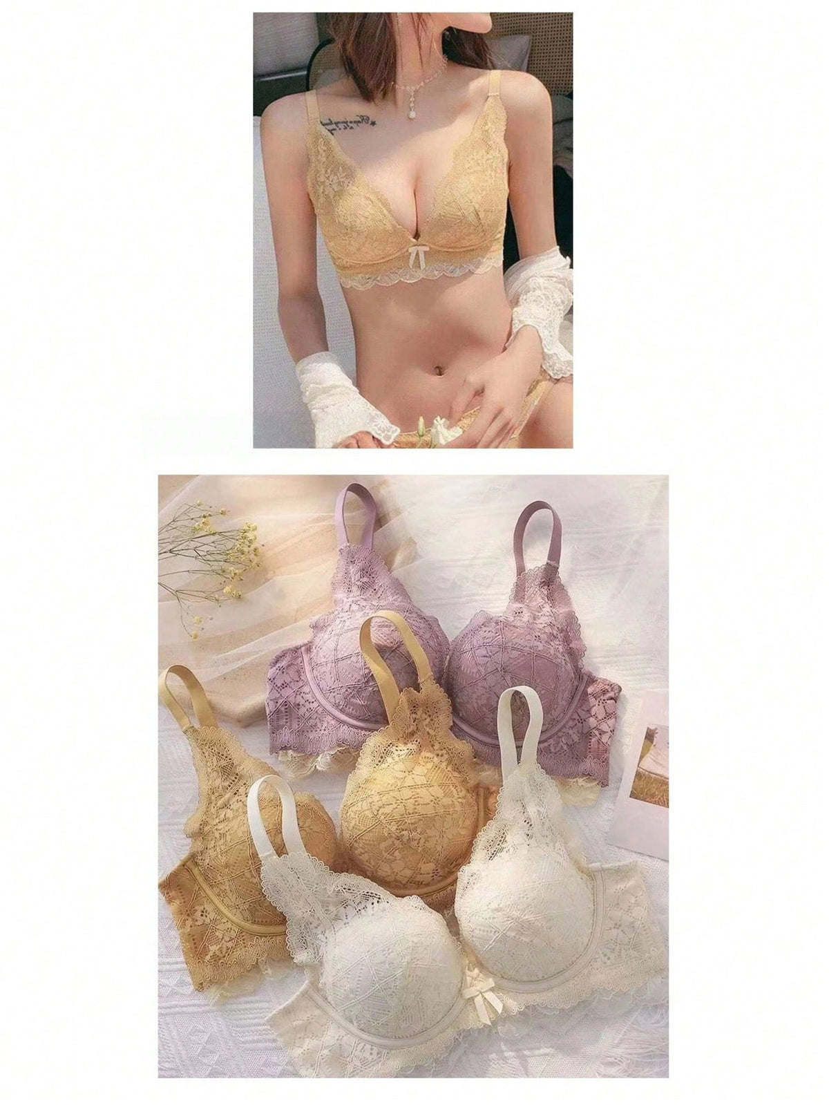 ソフトでノンワイヤーのブラ＆パンティセット。高い脇支えでしっかりホールド＆谷間。バストと背中を美しく。フルレースデザインがバストを引き立て、より豊かで谷間を強調。完璧なランジェリー