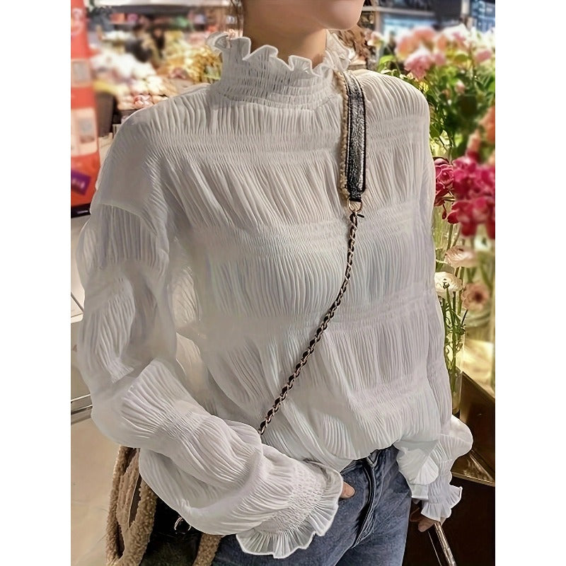 Women's Autumn/Winter Lace Trim Long Sleeve Sheer Chiffon Blouse Layering Top White Summer