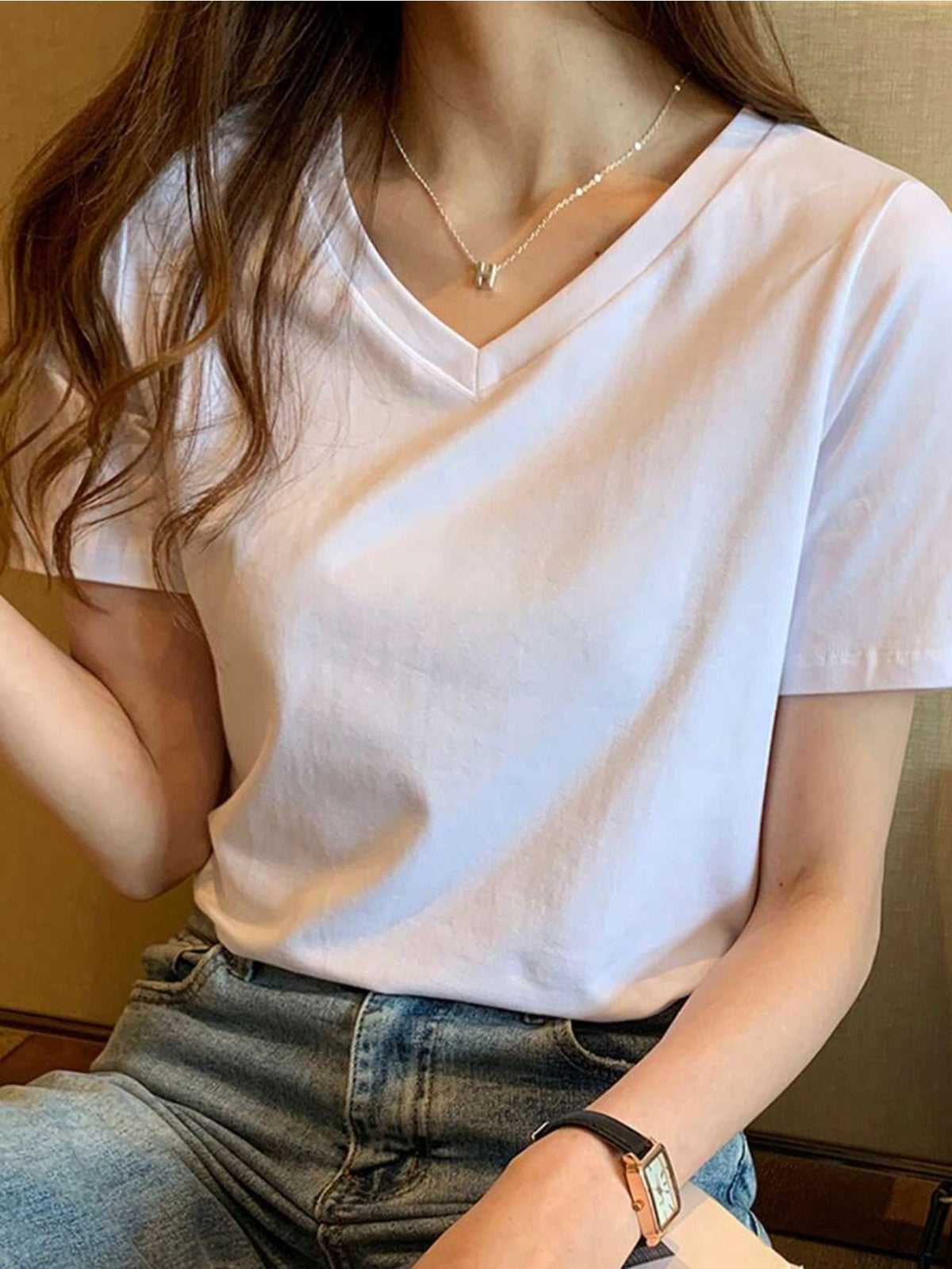 Ladies' Casual Plain V-Neck Short Sleeve T-Shirt, Summer White