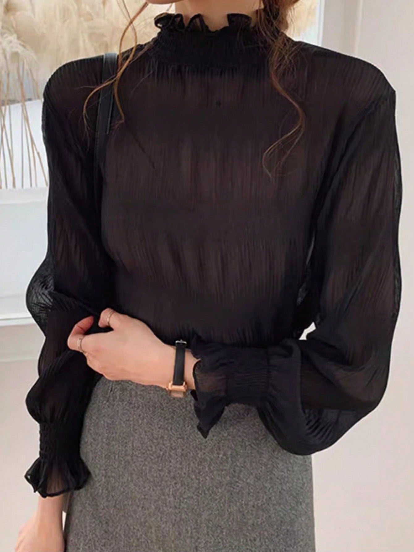 Women's Autumn/Winter Lace Trim Long Sleeve Sheer Chiffon Blouse Layering Top White Summer