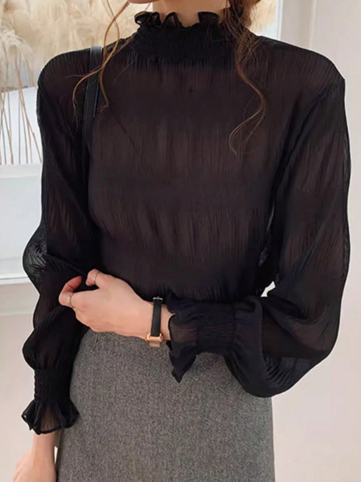 Women's Autumn/Winter Lace Trim Long Sleeve Sheer Chiffon Blouse Layering Top White Summer