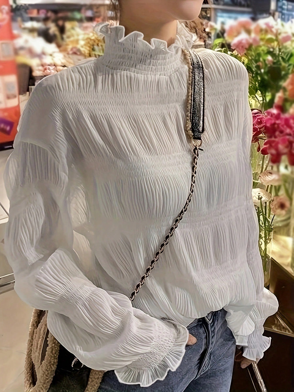Women's Autumn/Winter Lace Trim Long Sleeve Sheer Chiffon Blouse Layering Top White Summer