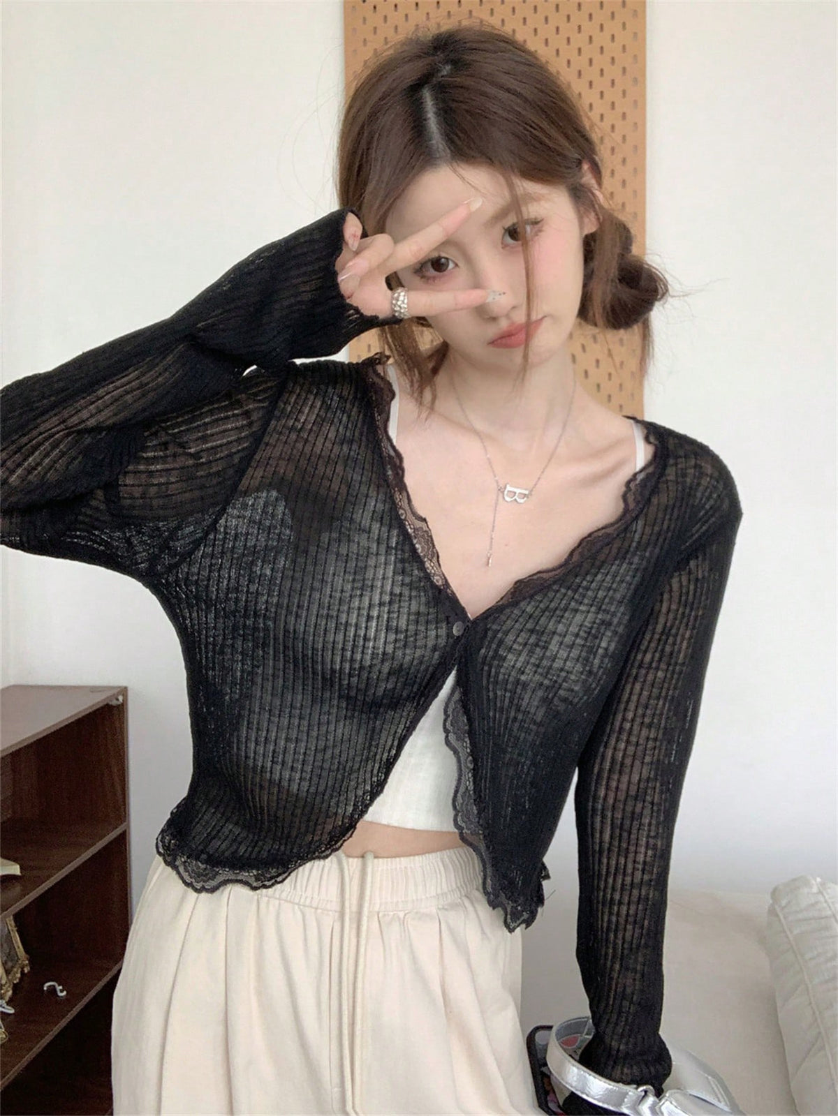 Women's Blue Lace Trim V-Neck Cover Up, Cute Back To School Summer Shawl Lightweight Outerwear
