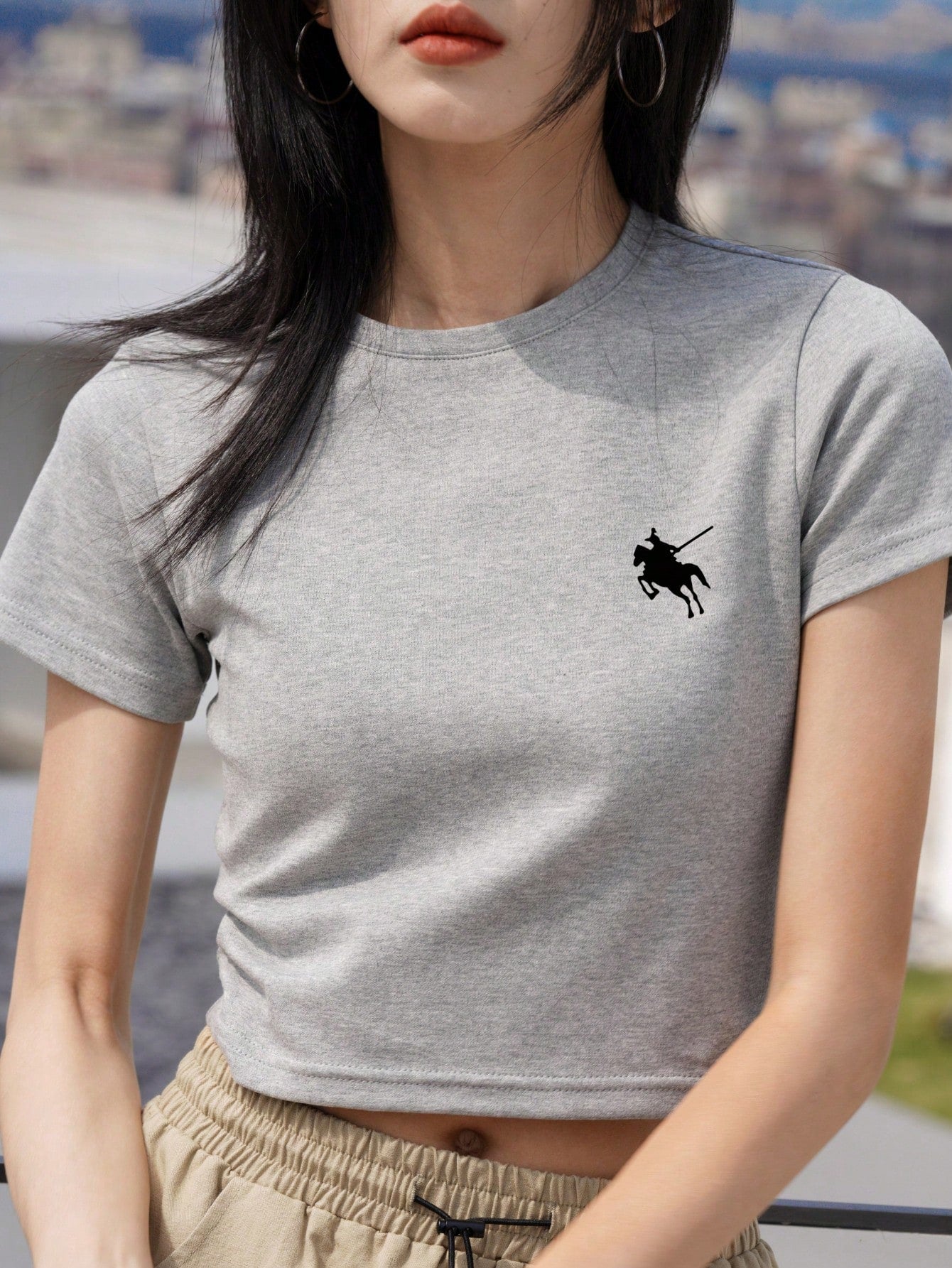 Light Gray Loose Fit Short Sleeve Round Neck T-Shirt, Fashionable & Age-Reducing, Versatile Top For Women, Spring/Summer