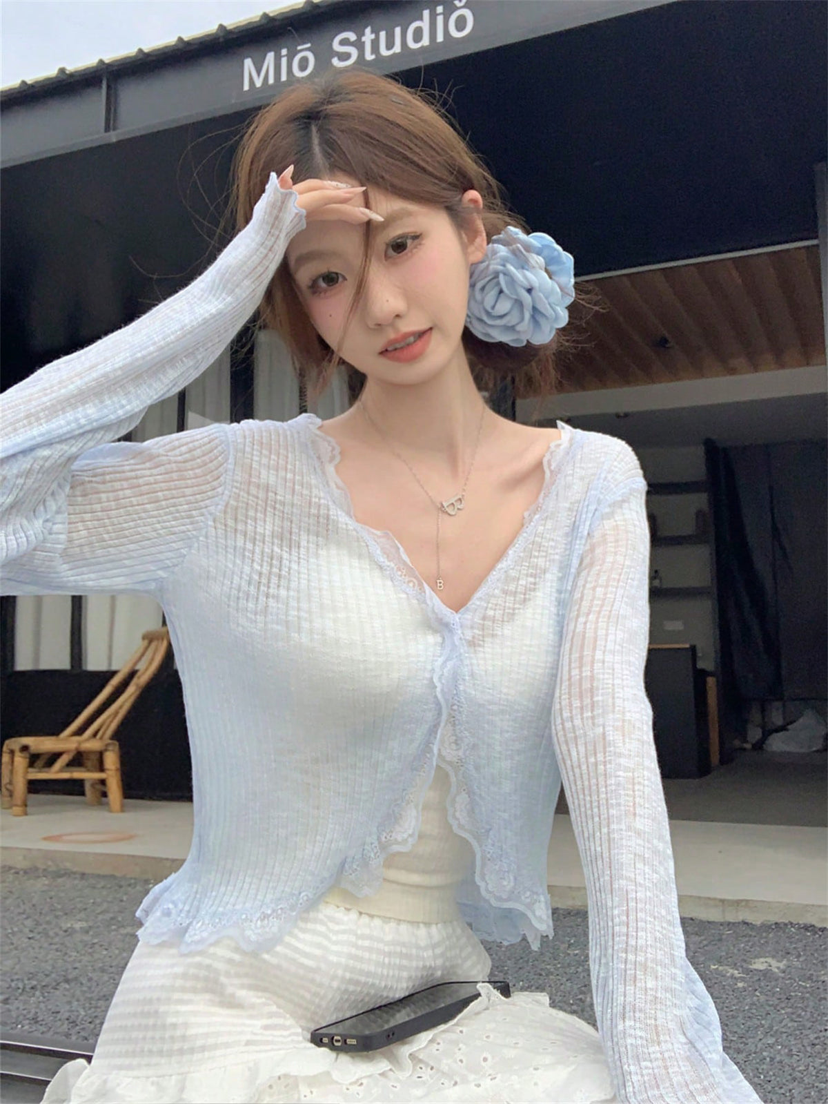 Women's Blue Lace Trim V-Neck Cover Up, Cute Back To School Summer Shawl Lightweight Outerwear