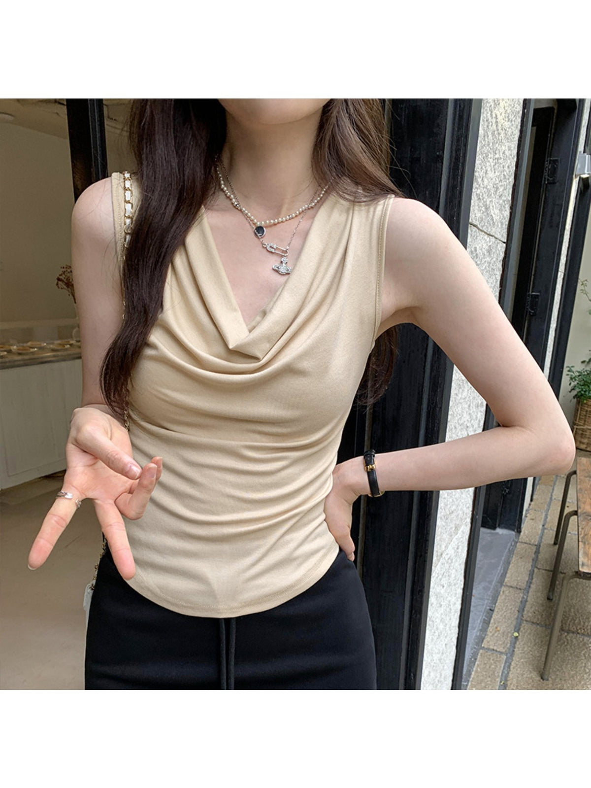 Sleeveless Top Women 2026 Spring Summer Cowl Neck Slim Fit Slimming Pure Sexy Stylish