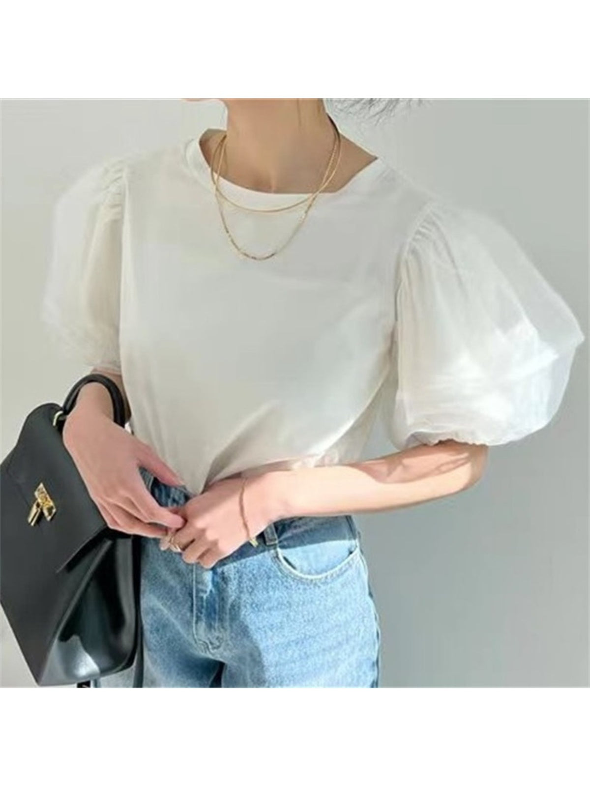 半袖Tシャツ レディース 2026夏新作 オーガンジー パフスリーブ 無地 クルーネック かわいい カジュアル