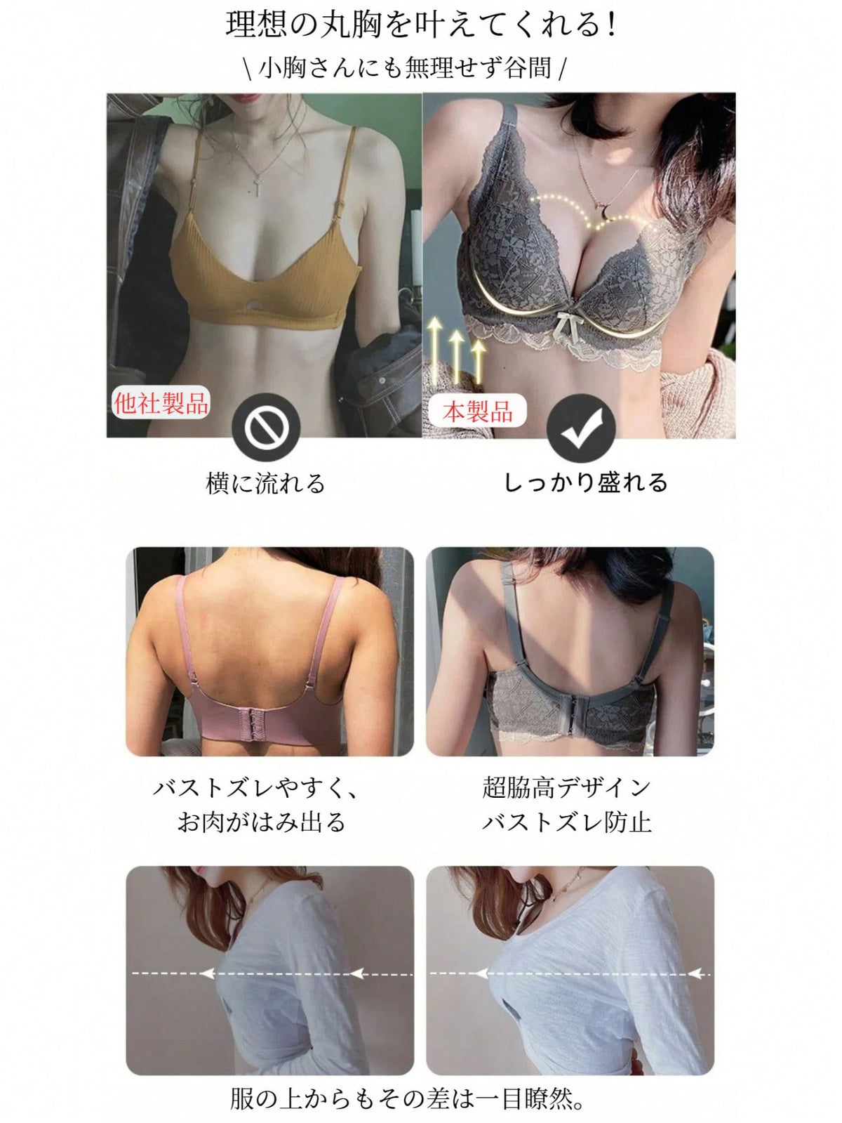 ソフトでノンワイヤーのブラ＆パンティセット。高い脇支えでしっかりホールド＆谷間。バストと背中を美しく。フルレースデザインがバストを引き立て、より豊かで谷間を強調。完璧なランジェリー